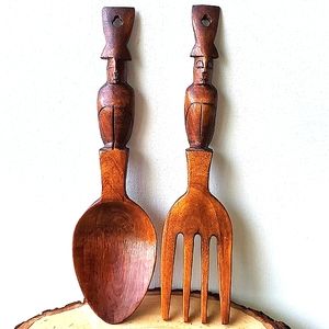 Vintage Set Fork & Spoon Handcarved Wood Tiki Heads Decor or Serving